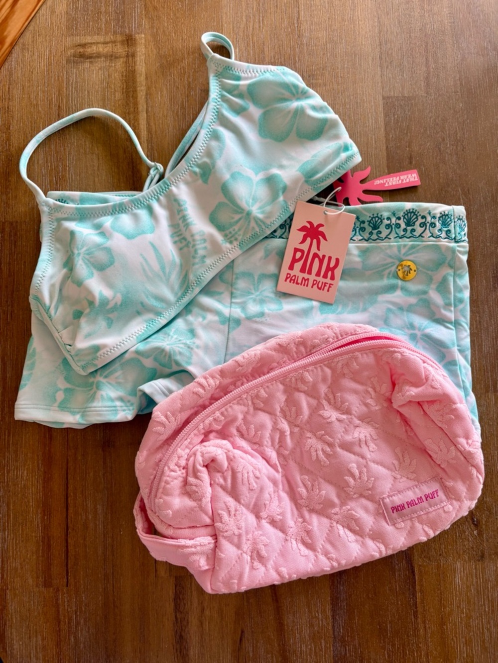 PINK Palm Puff Cleo Top and Mira Short Set with Pink Quilted Pouch Size Small